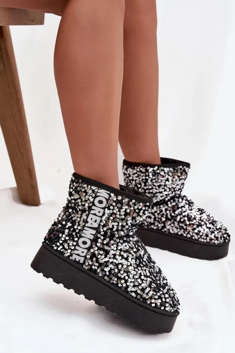 Śniegowce Damskie Na Platformie Zdobione Cekinami Czarno-Srebrne Silmo