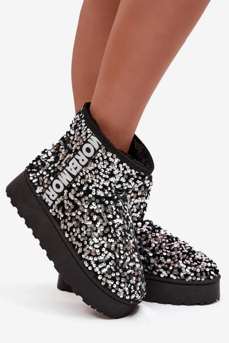 Śniegowce Damskie Na Platformie Zdobione Cekinami Czarno-Srebrne Silmo