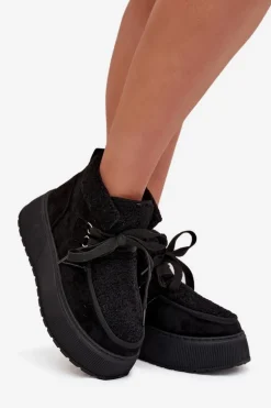 Śniegowce Damskie Na Platformie Z Futerkiem Czarne Florivelle