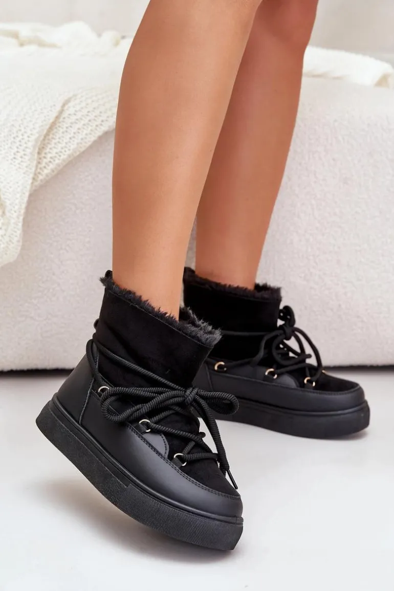 Śniegowce Damskie Na Platformie Ocieplane Futerkiem Czarne Aziara