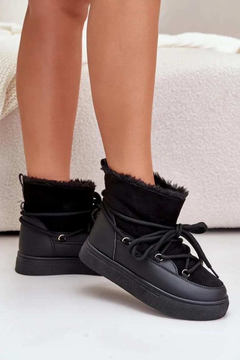 Śniegowce Damskie Na Platformie Ocieplane Futerkiem Czarne Aziara