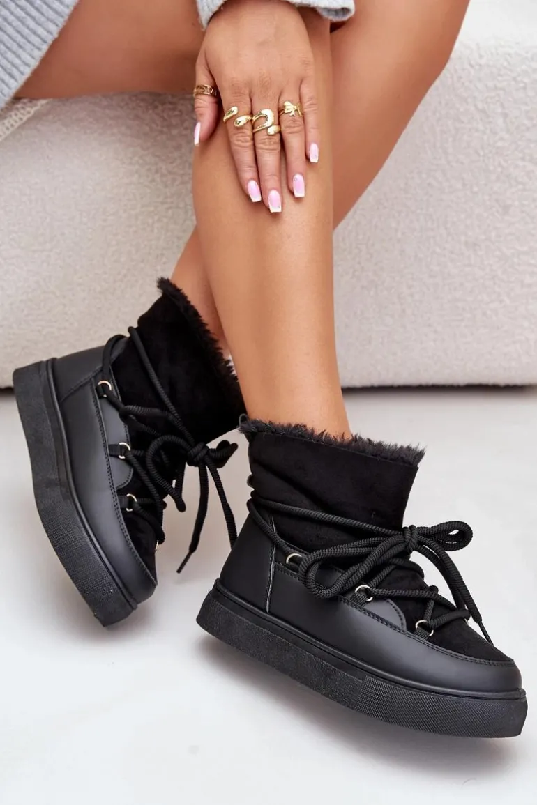 Śniegowce Damskie Na Platformie Ocieplane Futerkiem Czarne Aziara