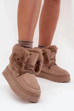Śniegowce Damskie Na Platformie Z Futerkiem I Wiązaniem Big Star SS274114 Beżowe