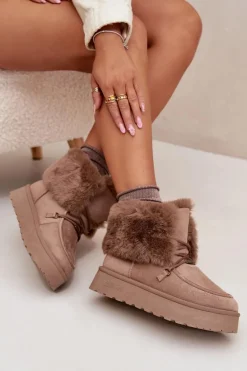 Śniegowce Damskie Na Platformie Z Futerkiem I Wiązaniem Big Star SS274114 Beżowe