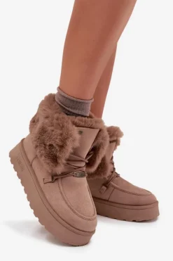 Śniegowce Damskie Na Platformie Z Futerkiem I Wiązaniem Big Star SS274114 Beżowe