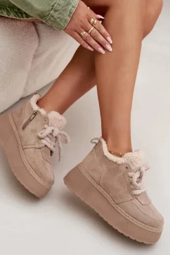 Śniegowce Damskie Na Platformie Z Futerkiem Typu Baranek Beżowe Luma