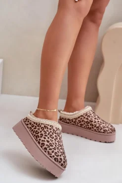 Śniegowce Damskie Na Platformie Ocieplane Futerkiem Panterka Brązowe Remenia