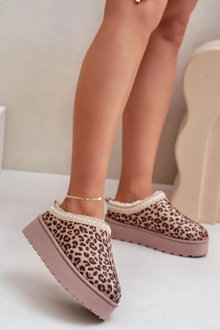 Śniegowce Damskie Na Platformie Ocieplane Futerkiem Panterka Brązowe Remenia