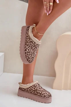 Śniegowce Damskie Na Platformie Ocieplane Futerkiem Panterka Brązowe Remenia