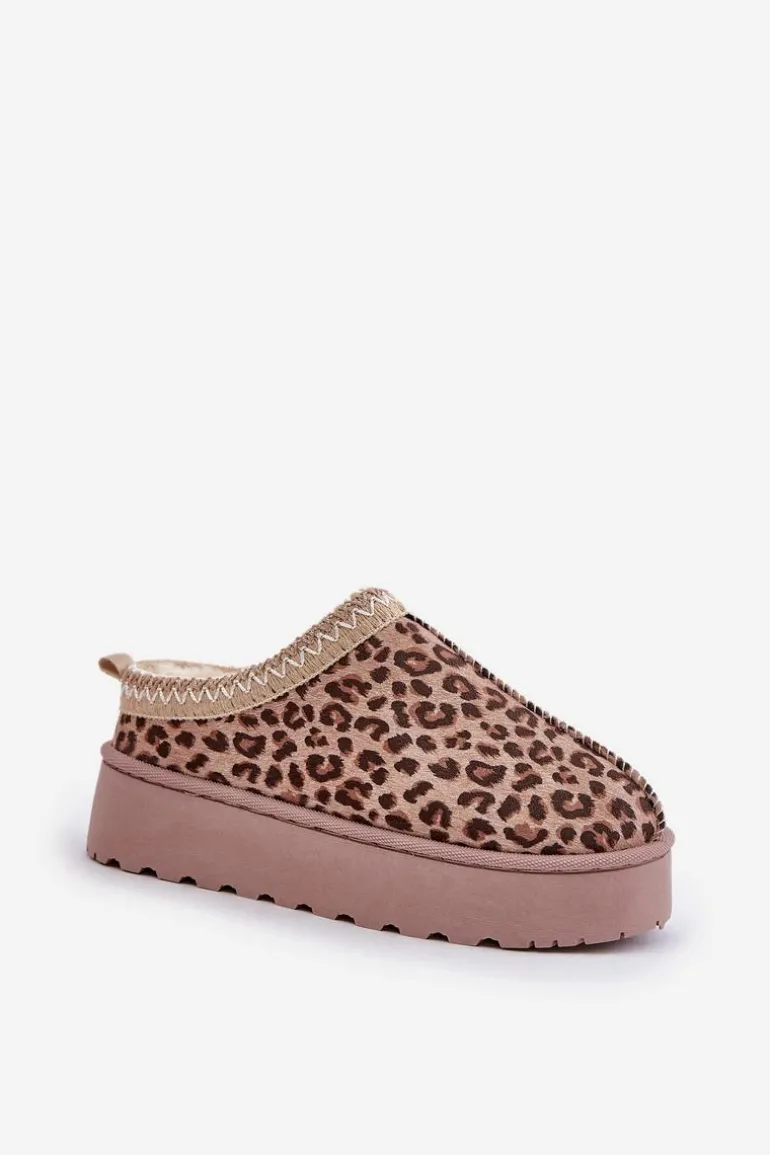 Śniegowce Damskie Na Platformie Ocieplane Futerkiem Panterka Brązowe Remenia