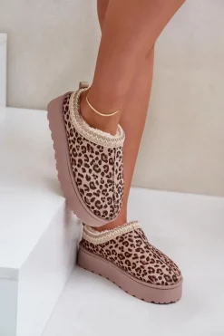 Śniegowce Damskie Na Platformie Ocieplane Futerkiem Panterka Brązowe Remenia