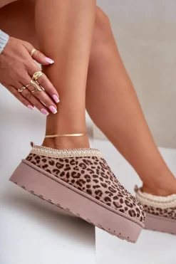 Śniegowce Damskie Na Platformie Ocieplane Futerkiem Panterka Brązowe Remenia