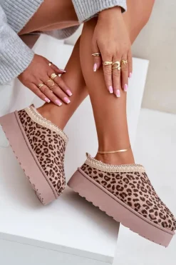 Śniegowce Damskie Na Platformie Ocieplane Futerkiem Panterka Brązowe Remenia