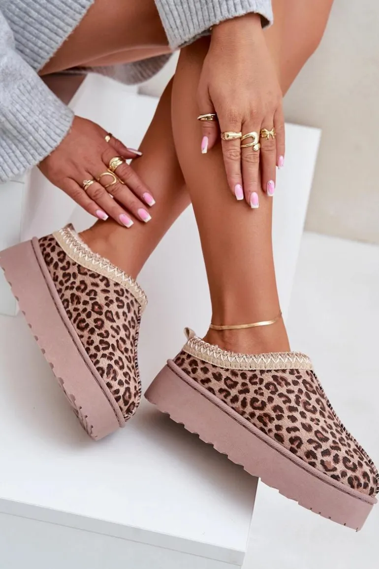 Śniegowce Damskie Na Platformie Ocieplane Futerkiem Panterka Brązowe Remenia