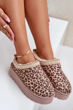 Śniegowce Damskie Na Platformie Ocieplane Futerkiem Panterka Brązowe Remenia