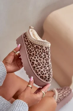 Śniegowce Damskie Na Platformie Ocieplane Futerkiem Panterka Brązowe Remenia