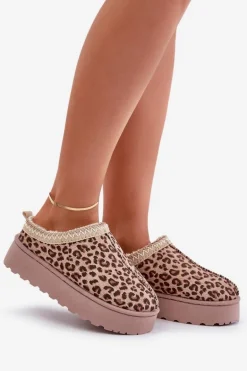 Śniegowce Damskie Na Platformie Ocieplane Futerkiem Panterka Brązowe Remenia