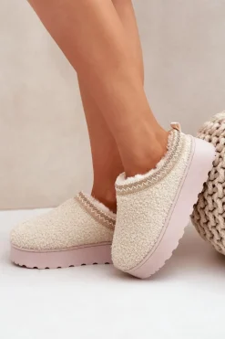 Śniegowce Damskie Na Platformie Z Haftem Jasnobeżowe Tirissa