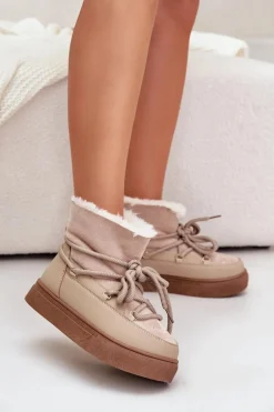 Śniegowce Damskie Na Platformie Ocieplane Futerkiem Beżowe Aziara