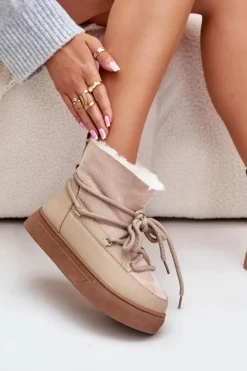 Śniegowce Damskie Na Platformie Ocieplane Futerkiem Beżowe Aziara