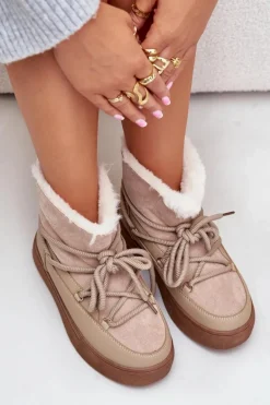 Śniegowce Damskie Na Platformie Ocieplane Futerkiem Beżowe Aziara