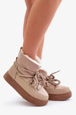 Śniegowce Damskie Na Platformie Ocieplane Futerkiem Beżowe Aziara
