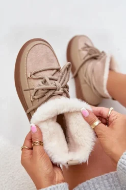 Śniegowce Damskie Na Platformie Ocieplane Futerkiem Beżowe Aziara