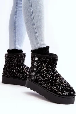 Śniegowce Damskie Na Platformie Zdobione Cekinami Czarne Silmo
