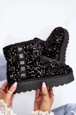 Śniegowce Damskie Na Platformie Zdobione Cekinami Czarne Silmo