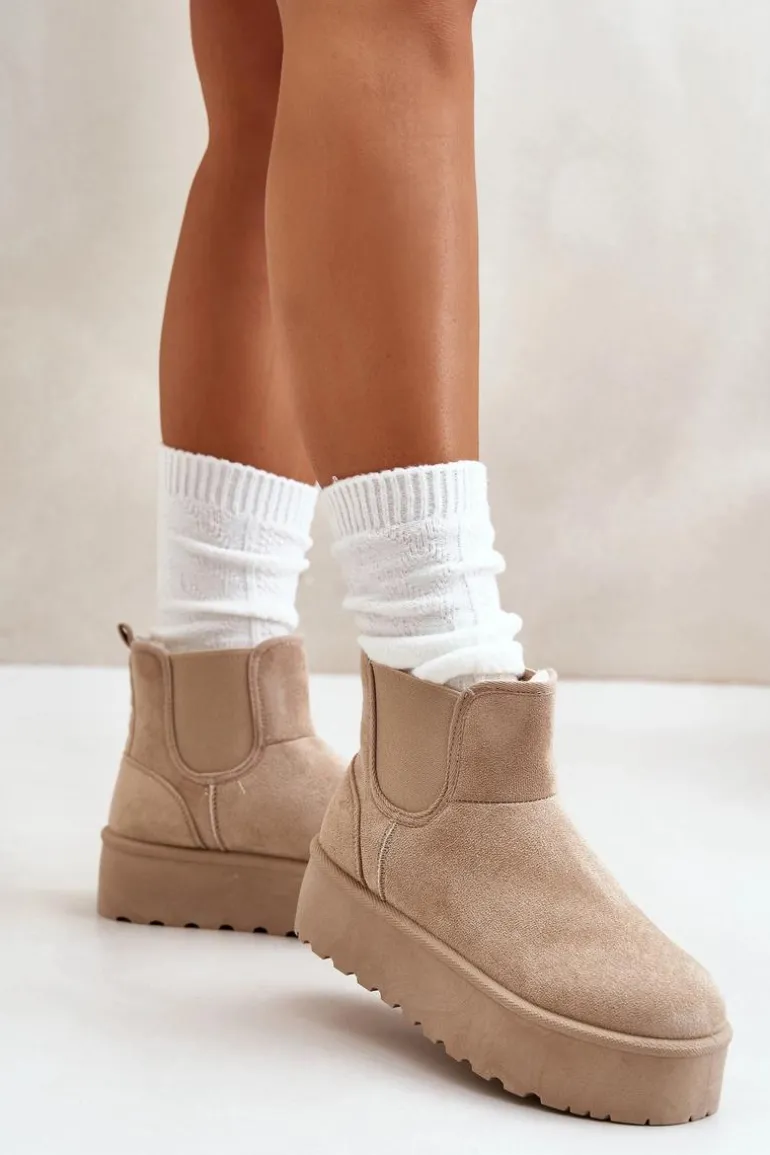 Śniegowce Damskie Na Platformie Z Elastycznymi Wstawkami Jasnobeżowe Rialine