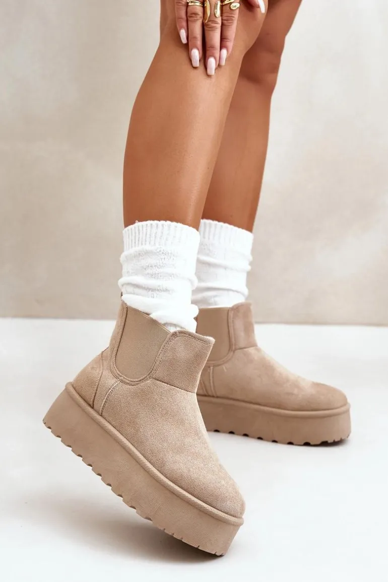 Śniegowce Damskie Na Platformie Z Elastycznymi Wstawkami Jasnobeżowe Rialine