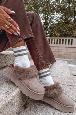 Śniegowce Damskie Na Platformie Z Futerkiem I Haftem Ciemnobeżowe Querina