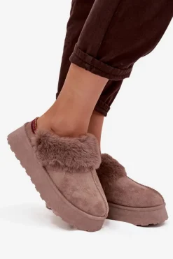 Śniegowce Damskie Na Platformie Z Futerkiem I Haftem Ciemnobeżowe Querina