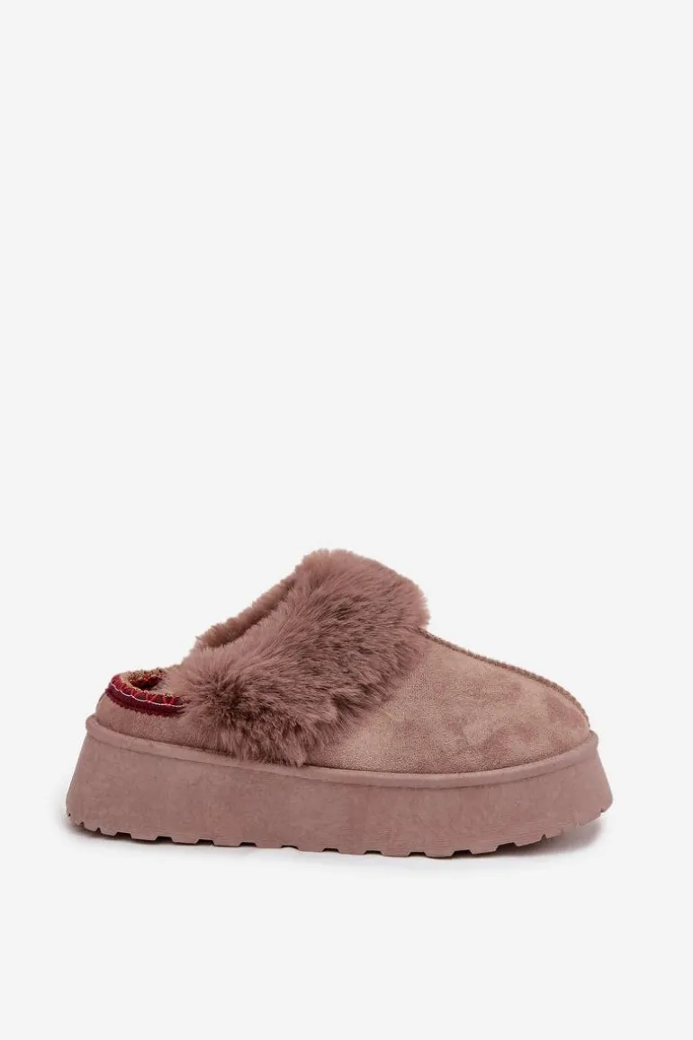 Śniegowce Damskie Na Platformie Z Futerkiem I Haftem Ciemnobeżowe Querina