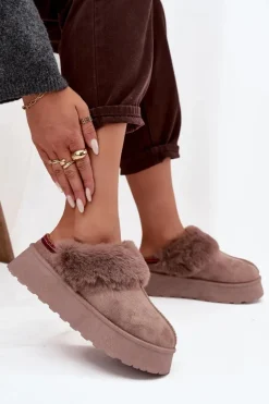 Śniegowce Damskie Na Platformie Z Futerkiem I Haftem Ciemnobeżowe Querina