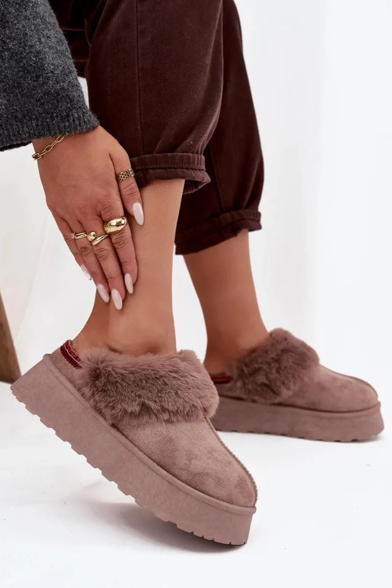 Śniegowce Damskie Na Platformie Z Futerkiem I Haftem Ciemnobeżowe Querina