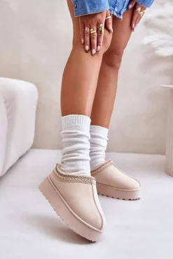 Śniegowce Damskie Na Platformie Ocieplane Futerkiem Jasnobeżowe Remenia