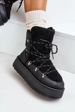 Śniegowce Damskie Na Platformie Z Wiązaniem Czarne Riaviana