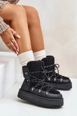 Śniegowce Damskie Na Platformie Z Wiązaniem Czarne Riaviana