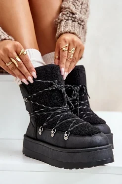 Śniegowce Damskie Na Platformie Z Wiązaniem Czarne Riaviana