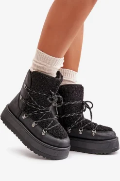 Śniegowce Damskie Na Platformie Z Wiązaniem Czarne Riaviana