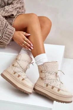 Śniegowce Damskie Na Platformie Z Wiązaniem Jasnobeżowe Riaviana