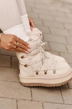 Śniegowce Damskie Na Platformie Z Wiązaniem Jasnobeżowe Riaviana