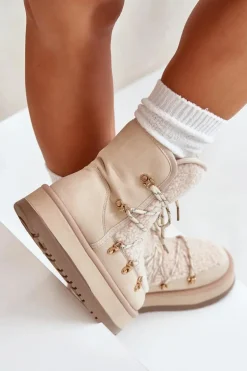 Śniegowce Damskie Na Platformie Z Wiązaniem Jasnobeżowe Riaviana