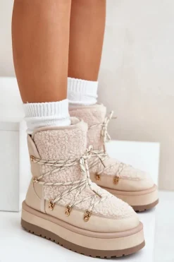 Śniegowce Damskie Na Platformie Z Wiązaniem Jasnobeżowe Riaviana