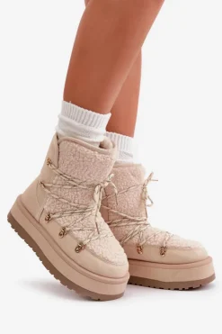 Śniegowce Damskie Na Platformie Z Wiązaniem Jasnobeżowe Riaviana