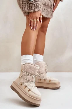 Śniegowce Damskie Na Platformie Z Wiązaniem Jasnobeżowe Riaviana
