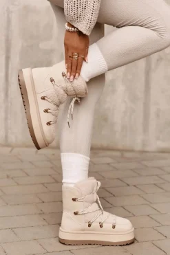 Śniegowce Damskie Na Platformie Z Wiązaniem Jasnobeżowe Riaviana