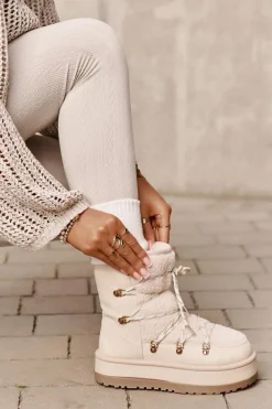 Śniegowce Damskie Na Platformie Z Wiązaniem Jasnobeżowe Riaviana