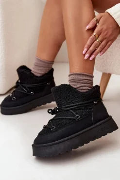 Śniegowce Damskie Na Platformie Z Futerkiem Typu Baranek Big Star SS274109 Czarne